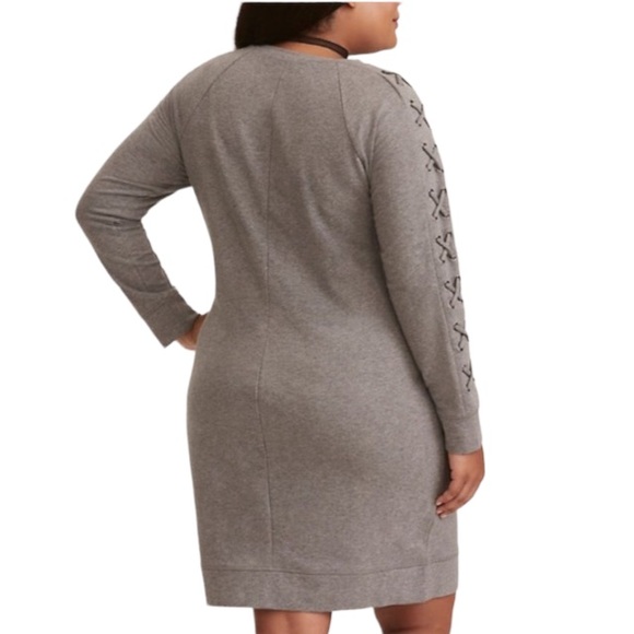 Torrid Dress, Gray French Terry Knit Lace Up Sleeve Sweatshirt Dress Athleisure - Picture 2 of 5